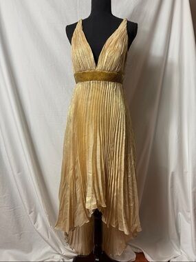 Sherri Hill Metallic Gold Pleated High-Low Evening Dress